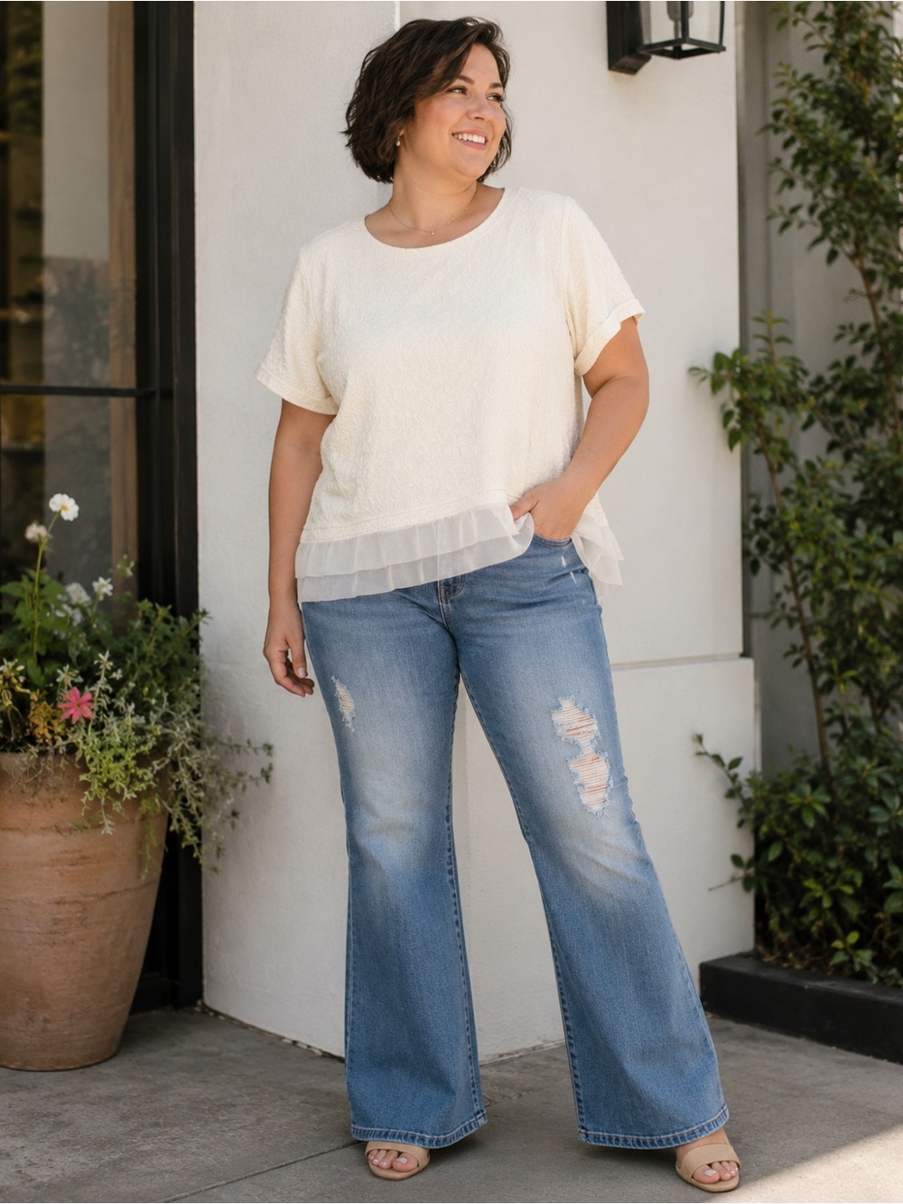 Takara Cream Short-Sleeve Textured Top with Sheer Layered Hem